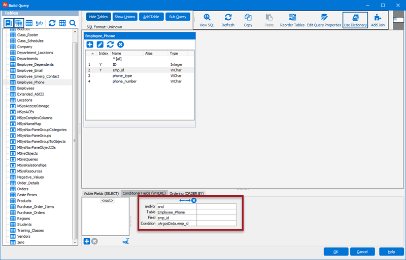 Build query dialog with the Conditional fields (where) tab selected. All of the conditional fields have been filled out. The and/or field has and filled in; the table field has the employee phone table; the Field field has the emp i d field; and the condition field has the emp i d field from the argos data table.